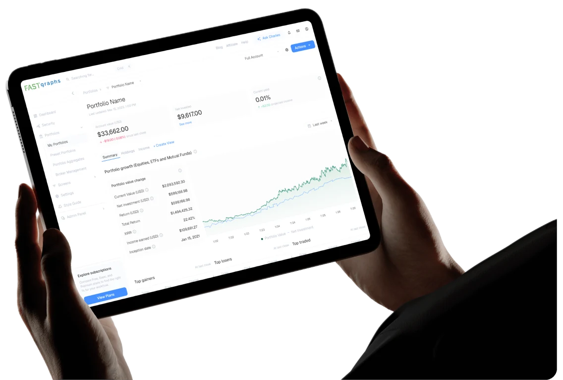 FAST Graphs portfolio page on a tablet